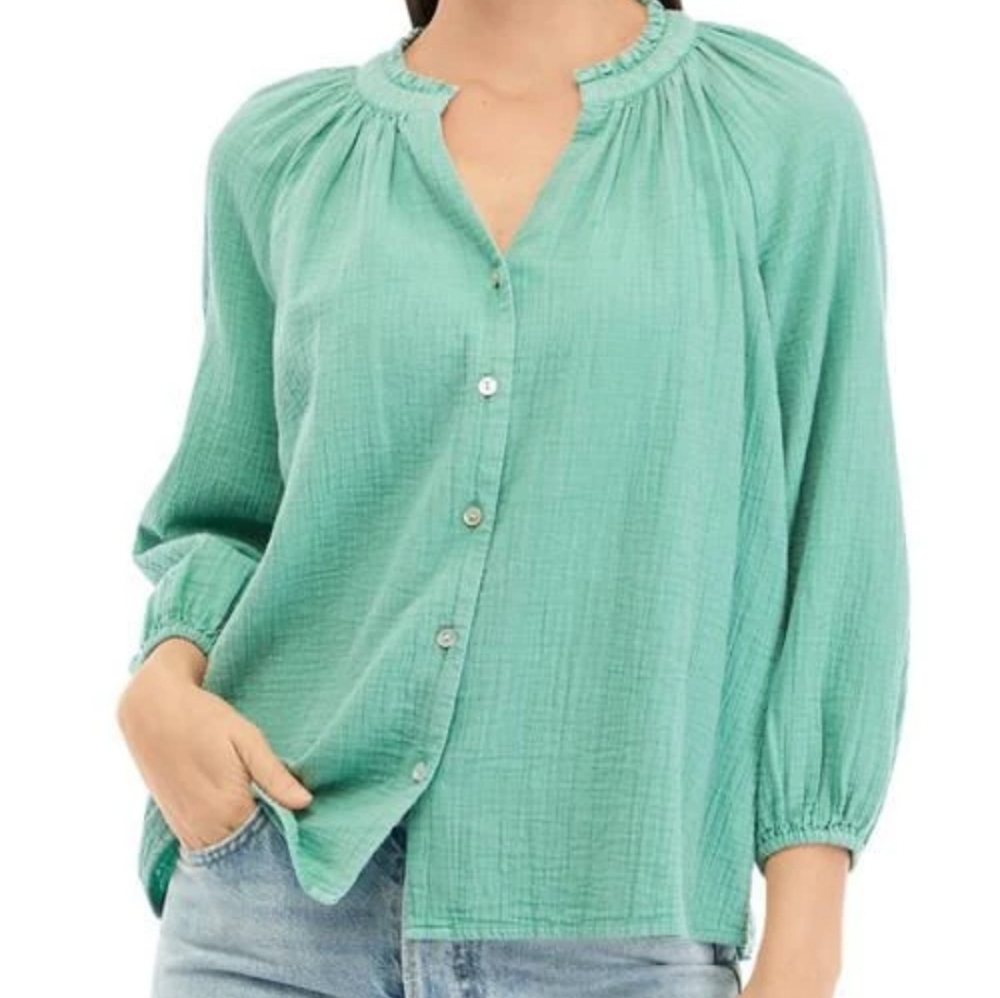 Wonderly Blouse Ruffle Neck Long Slveeve Wash Mint Green Textured Gauze Cotton